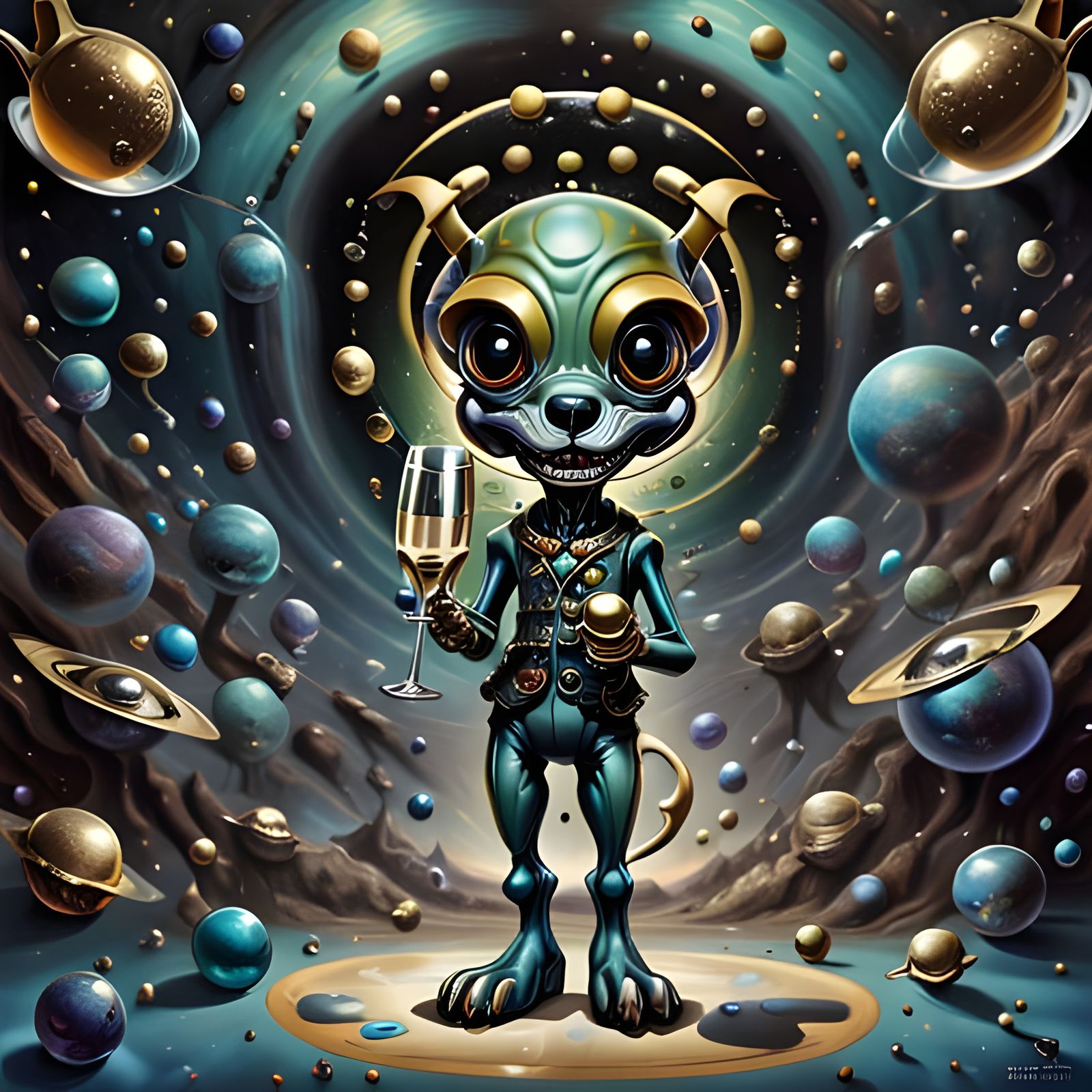 Ethereal Canine Cosmonaut Sipping Champagne