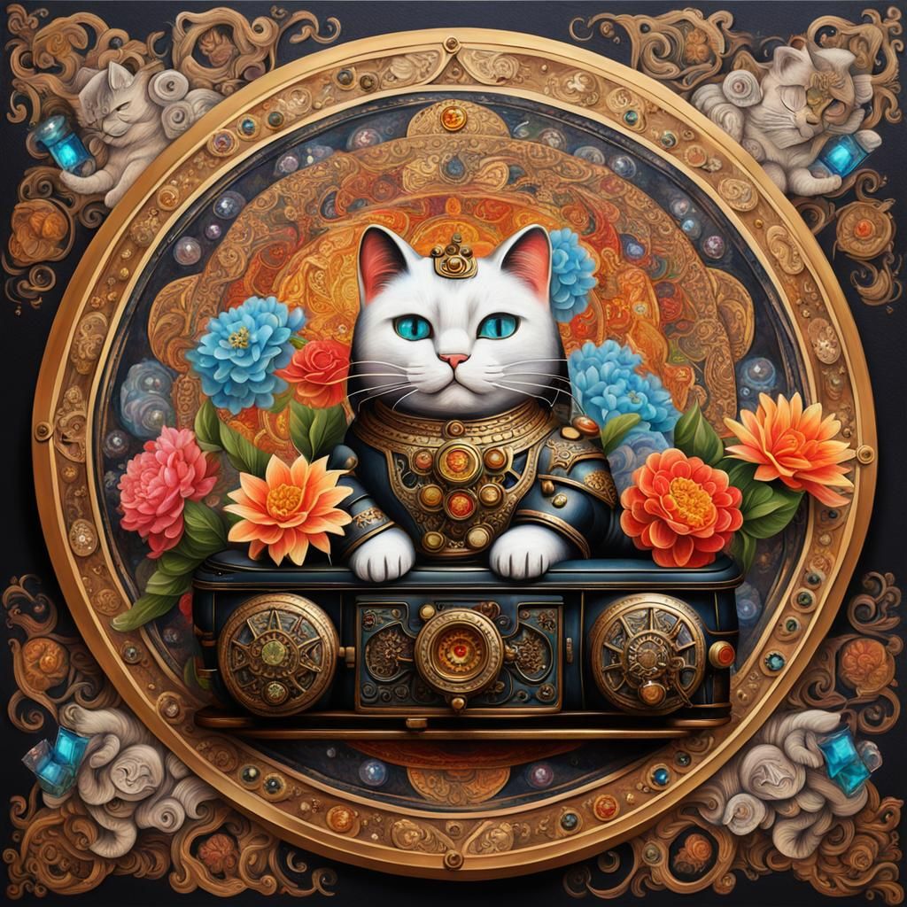 Baroque Maneki Neko with Steampunk Engine
