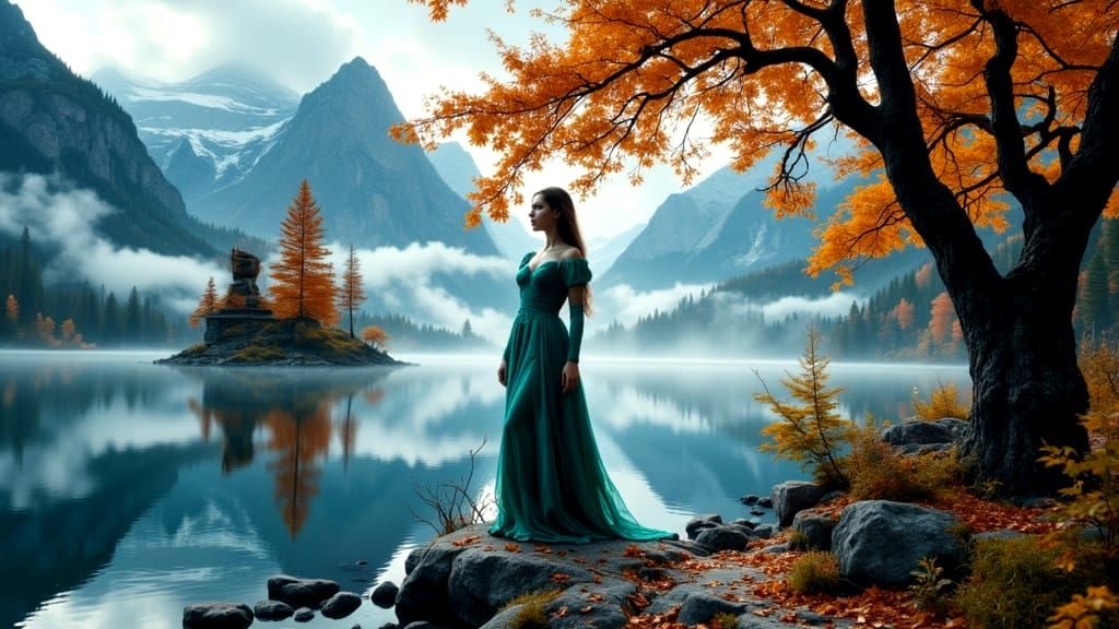 Fractured Landscape with Woman and Autumn Leaves