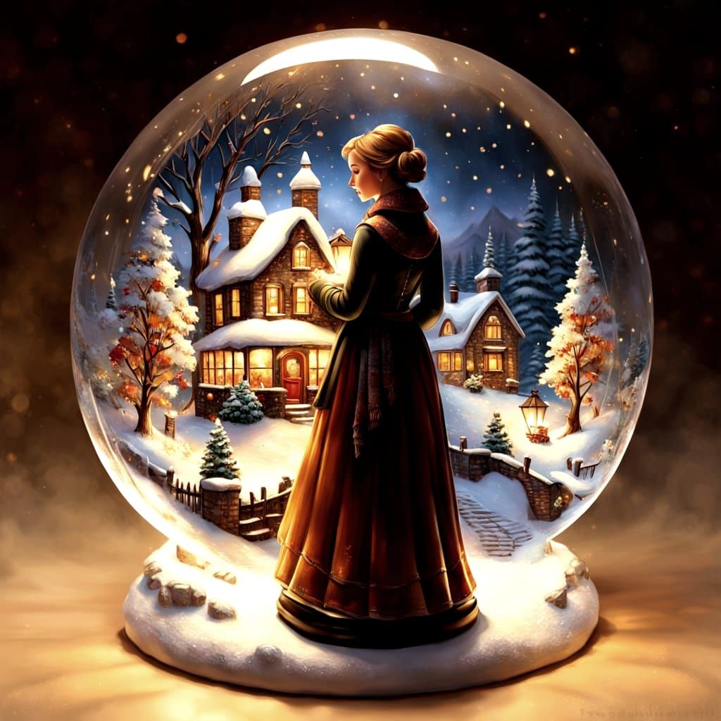 Autumn Village in Snow Globe, Snow Falling Art