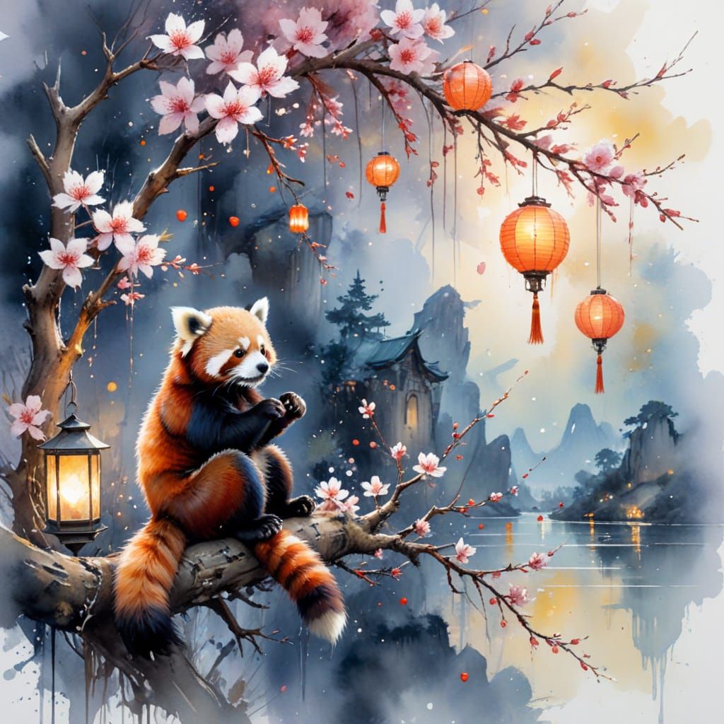 Playful Red Panda on Blossom Branch at Twilight