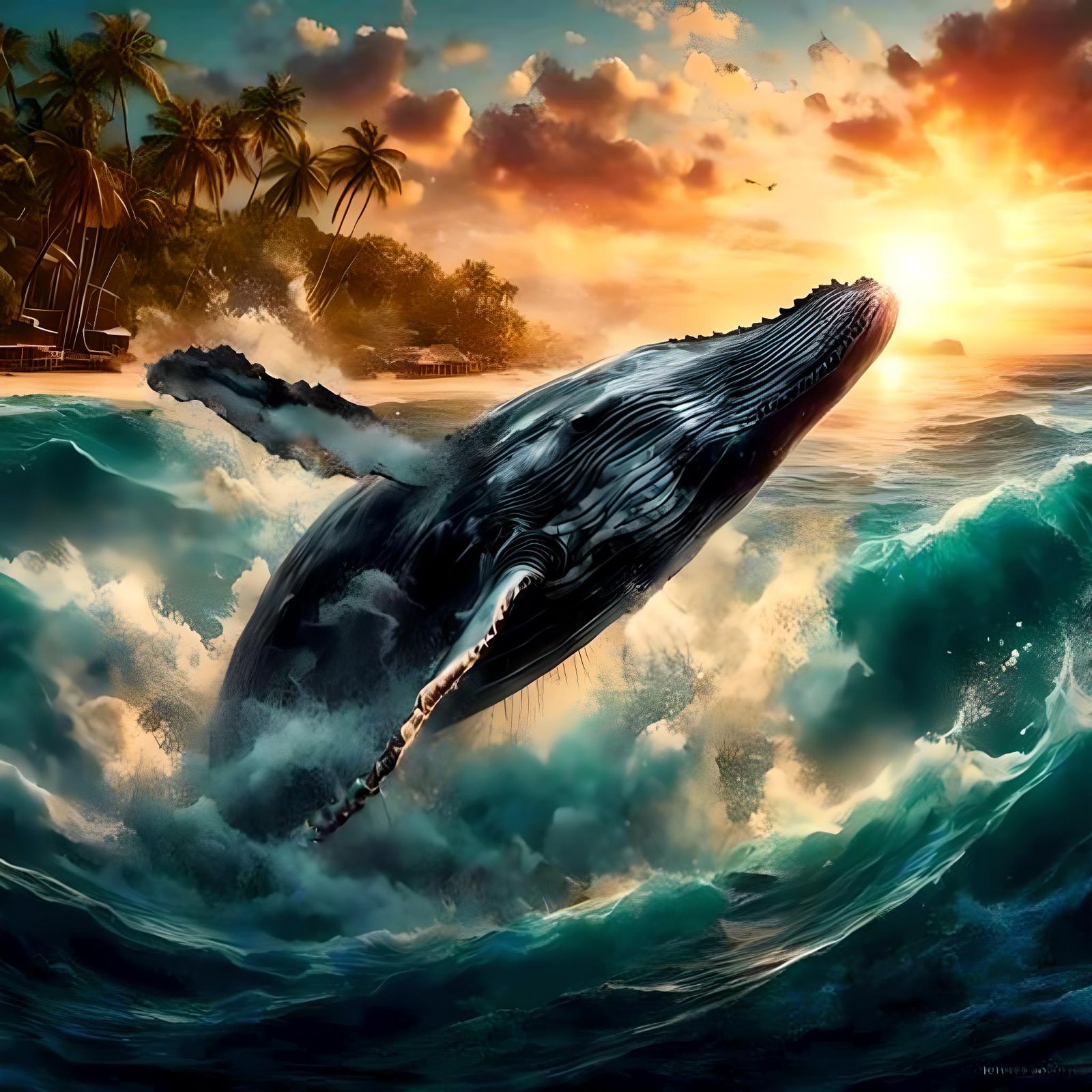 Humpback Whale Leaping at Sunset: Digital Watercolor