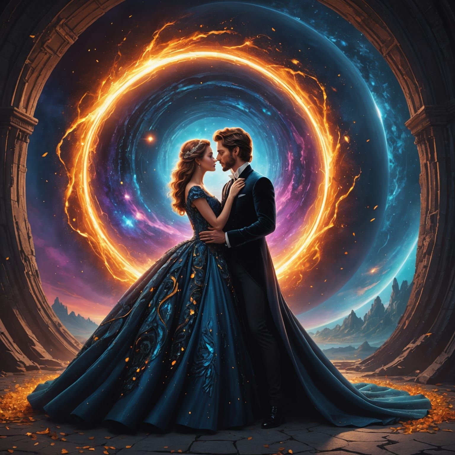 Romantic Couple Gazing at Black Hole Portal