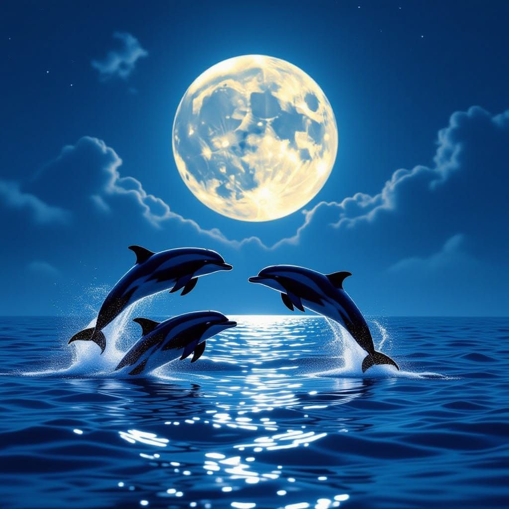 Moonlit Ocean Dolphins Ethereal Digital Painting