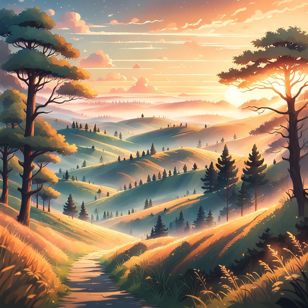 Dreamy Sunset Landscape in Anime Style