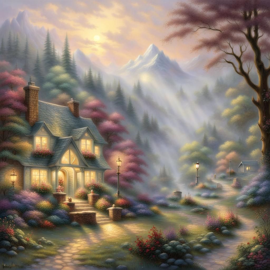 Ethereal Fantasy Landscape Inspired by Thomas Kinkade