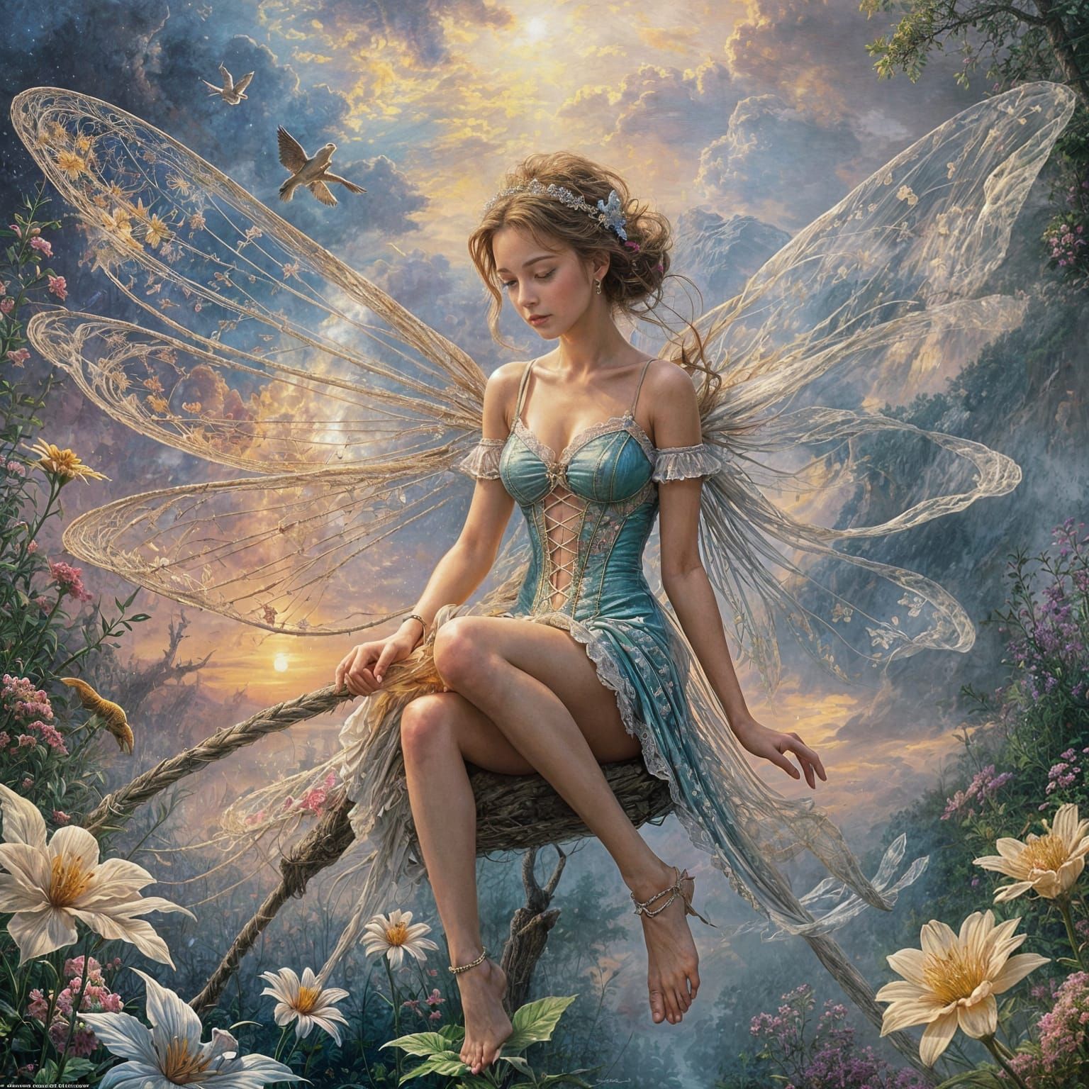 Whimsical Skyward Journey in Kinkade Style