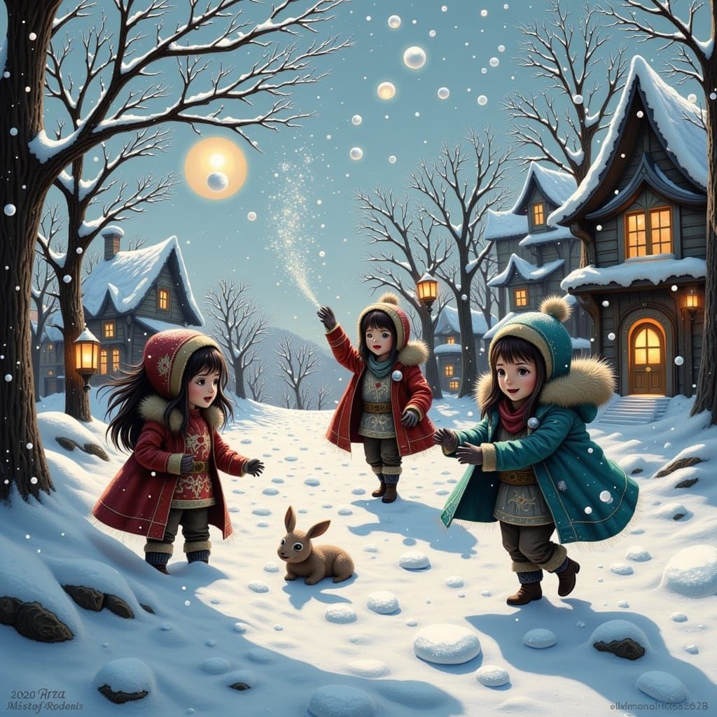 Whimsical Winter Wonderland with Joyful Children and Knights