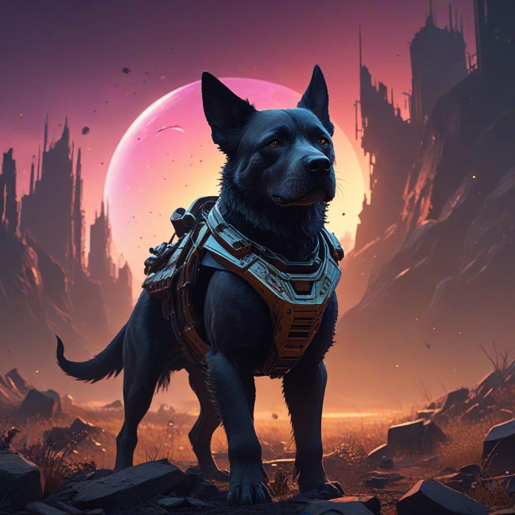 Dark Fantasy Death Dog Amidst Bloody Helmets in Dying Sunlig...