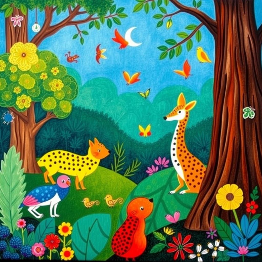 Colorful Animals in Naive Art Style Forest