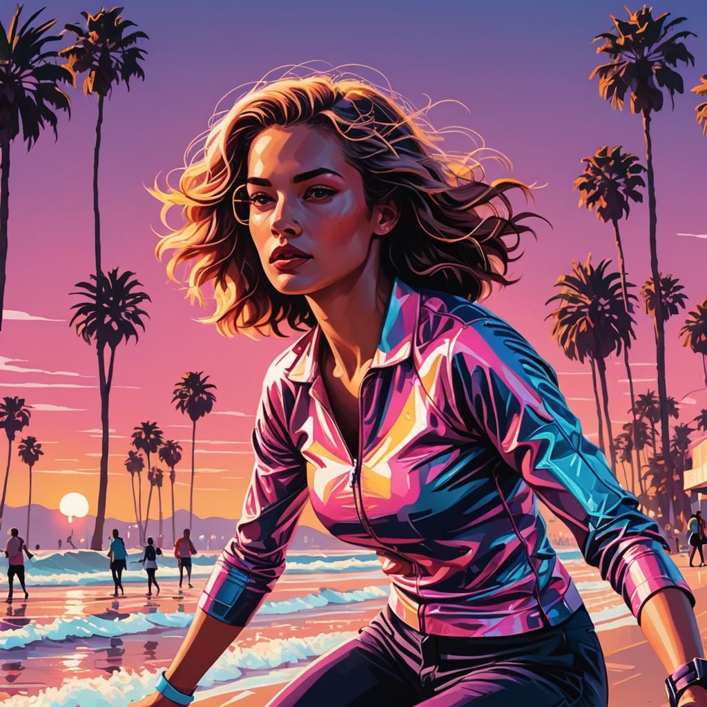 Neon Goddess Surfs and Skates on Venice Beach