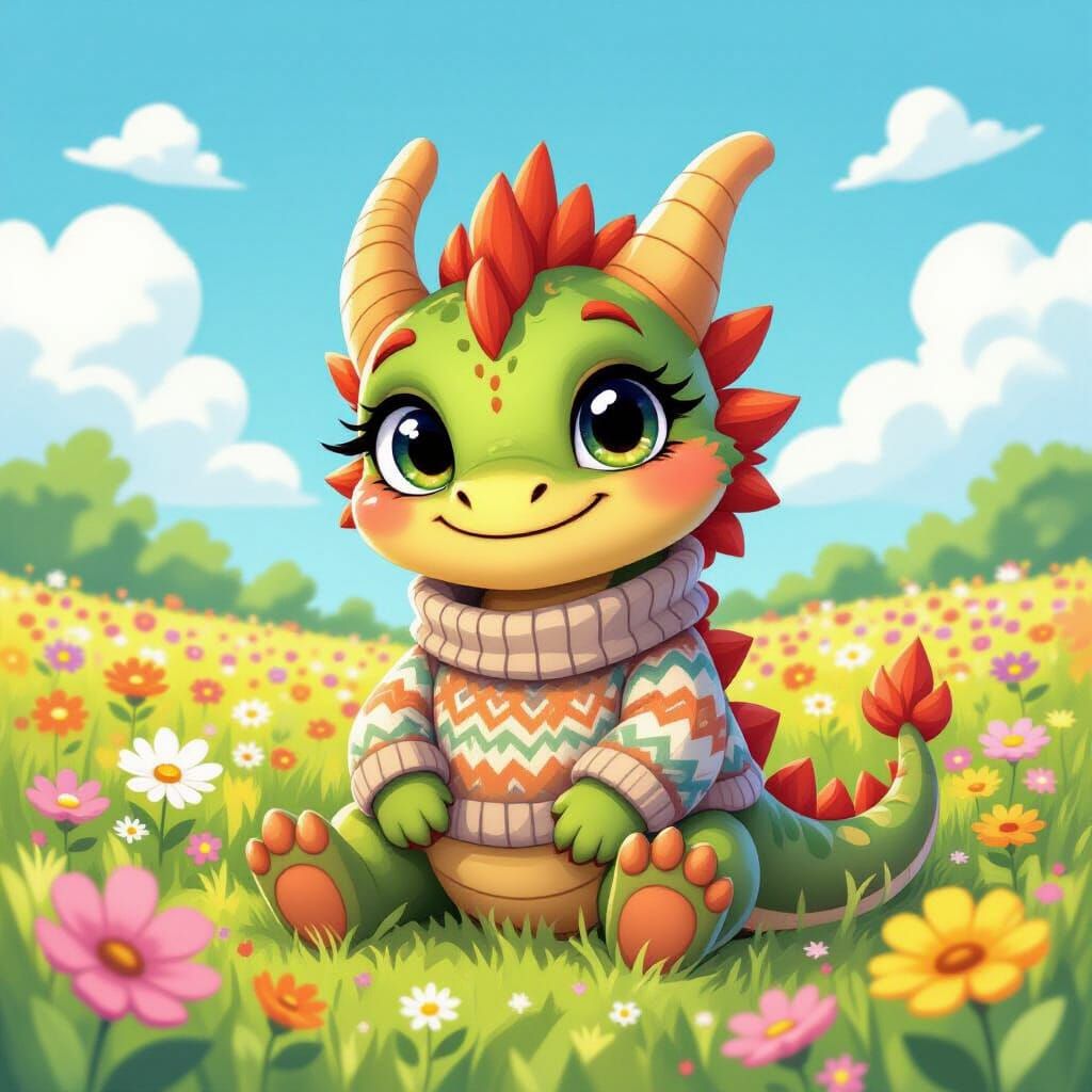 Dragon in Sweater in Flower Field, Cartoon Style