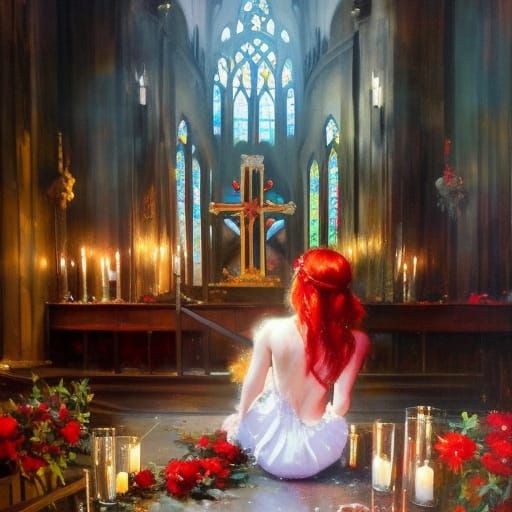 Red-Haired Girl on Altar as Maximalist Gouache Painting