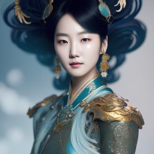 Korean Princess with Blue Hair: Digital Art Portrait