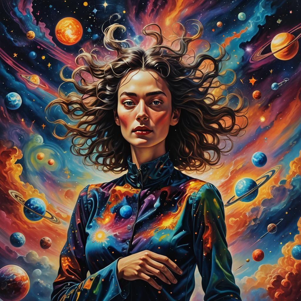 Cosmic Supermodel in Surreal Oil Painting