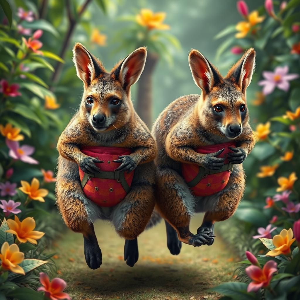 Wallabies Sprinting Through Jungle with Joeys