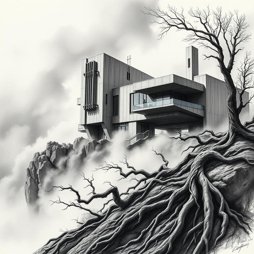 Mystical Brutalist House in Dreamlike Charcoal Drawing