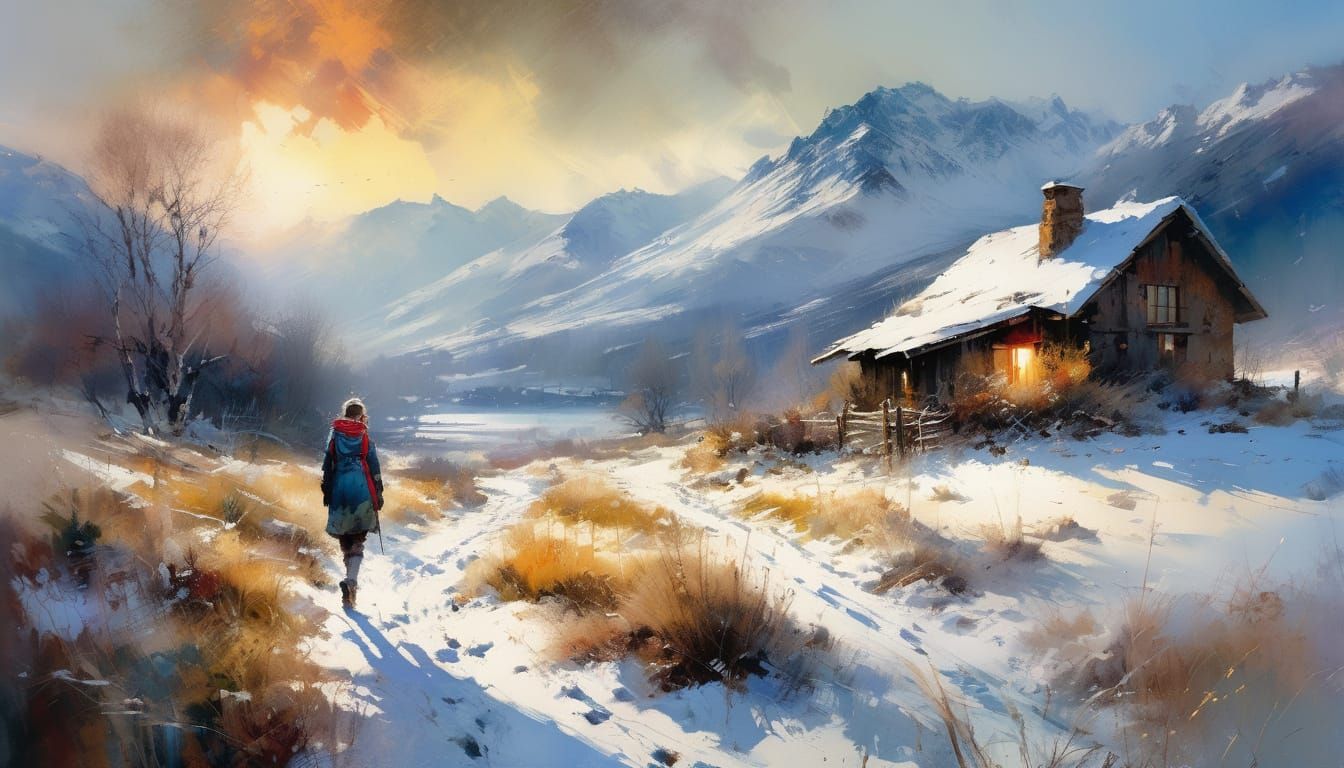 Watercolor Painting of Woman in Winter Mountains