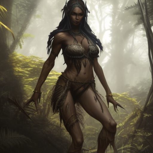 Dark Elf in Prehistoric Jungle, Detailed Fantasy Art