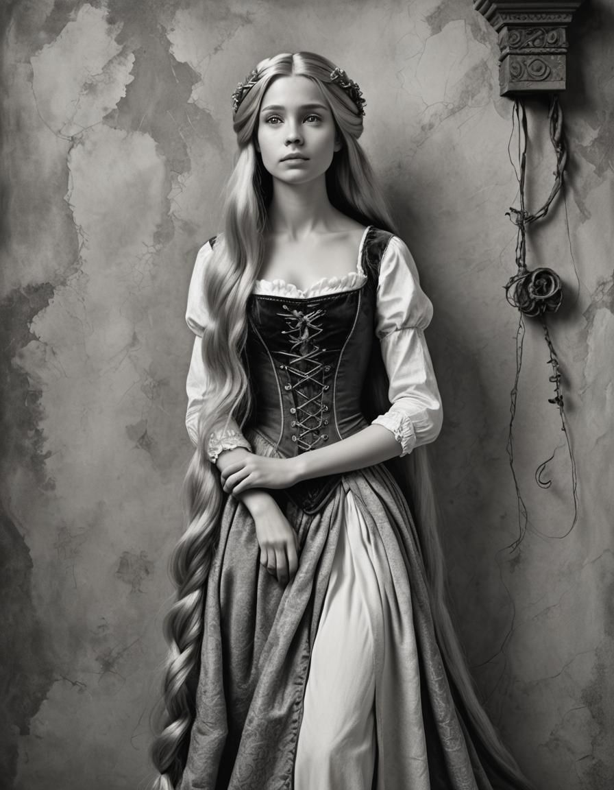 Rapunzel in Elegant Black and White Portrait