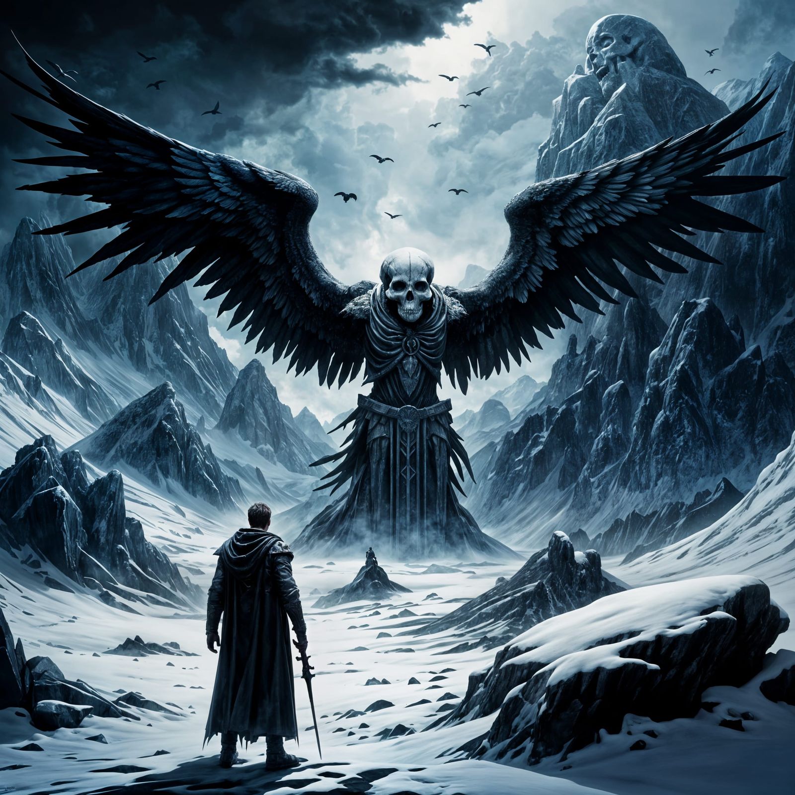 Colossal Skull Mountain with Lone Figure and Dark Angel