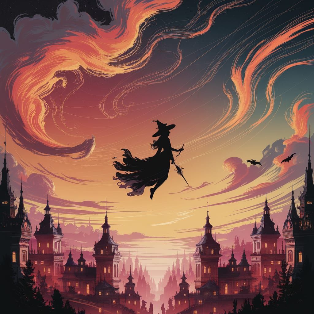 Witches Soar Over Fantastical City in Ethereal Light