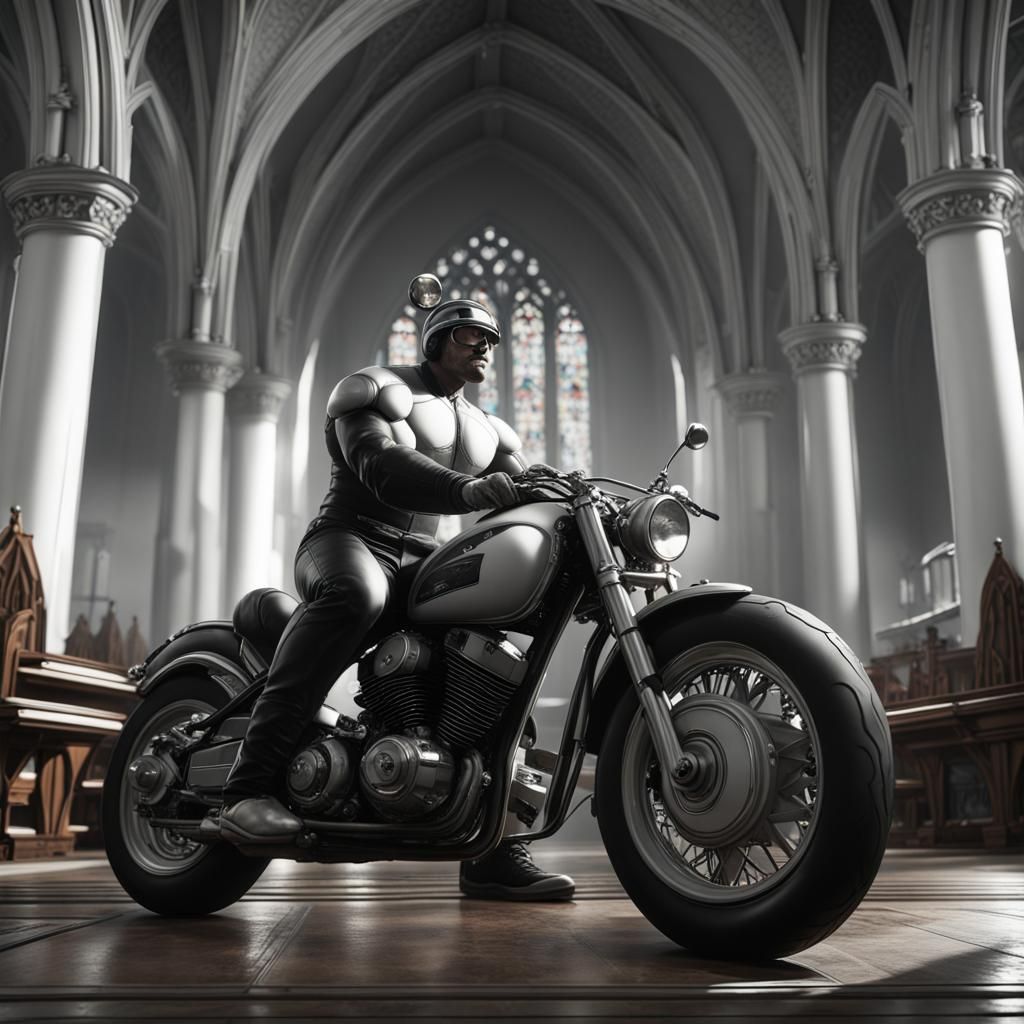 Muscled Biker Inside Church, Fantasy Concept Art