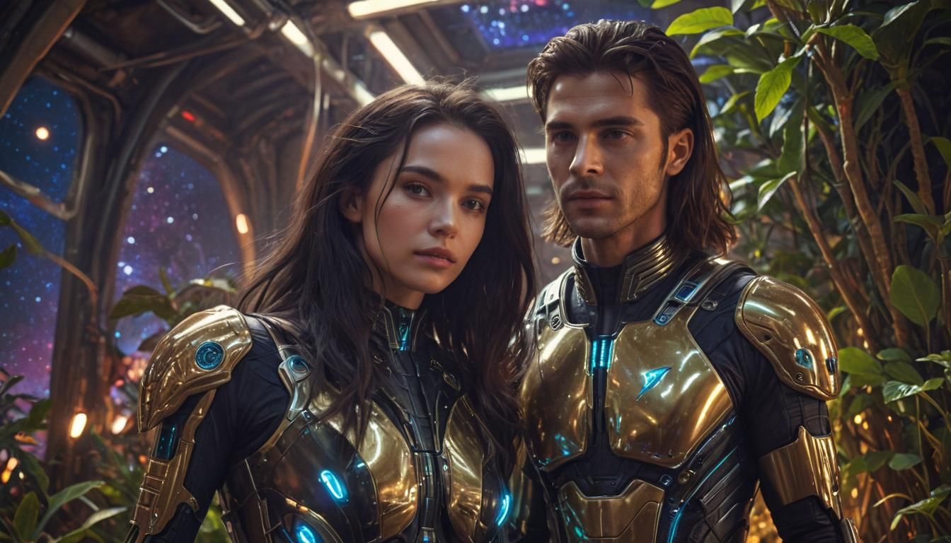 Sci-Fi Girl and Alien Man in Space: Digital Art