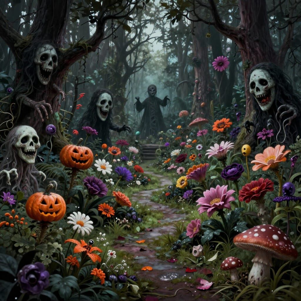 Halloween Garden With Terrifying Flowers and Scary Trees