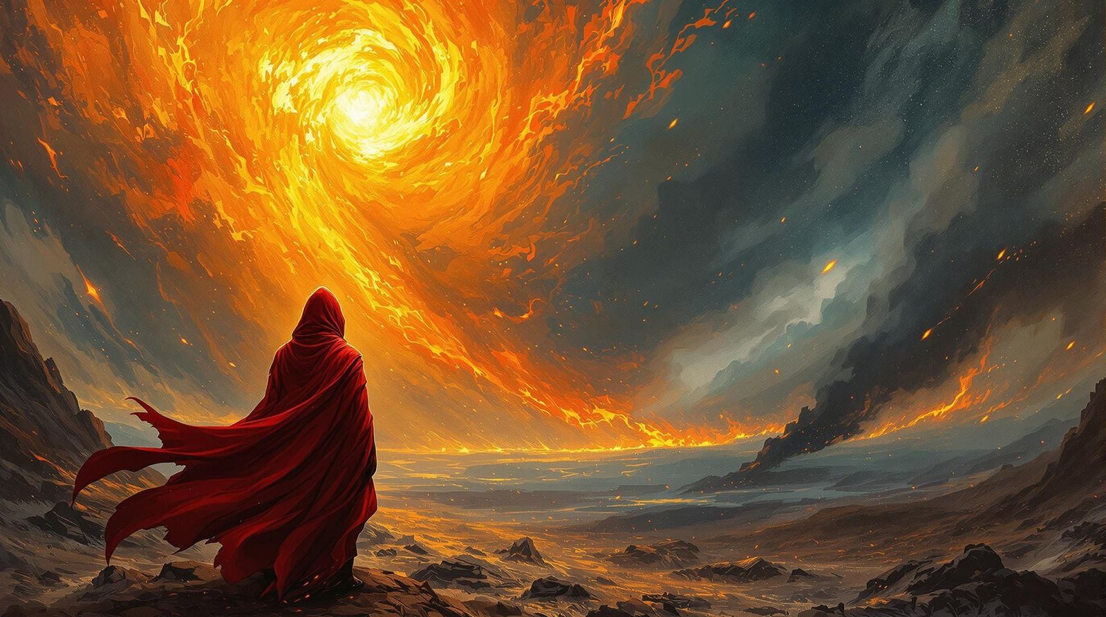 Ethereal Figure in Crimson Cloak Witnesses Fiery Tempest