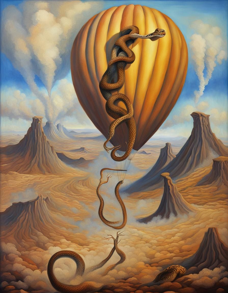 Surreal Snake Coils Around Hot Air Balloon, Dali Inspired