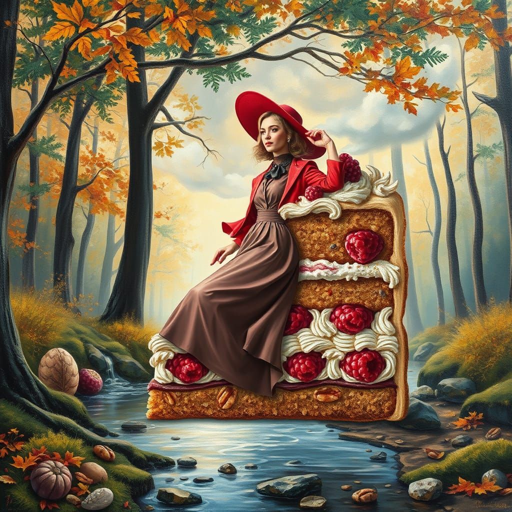 Fashionista Emerges From Raspberry Cake In Autumn Forest