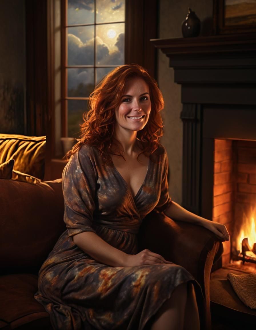 Woman Relaxing: Chiaroscuro Oil Painting with Starlight