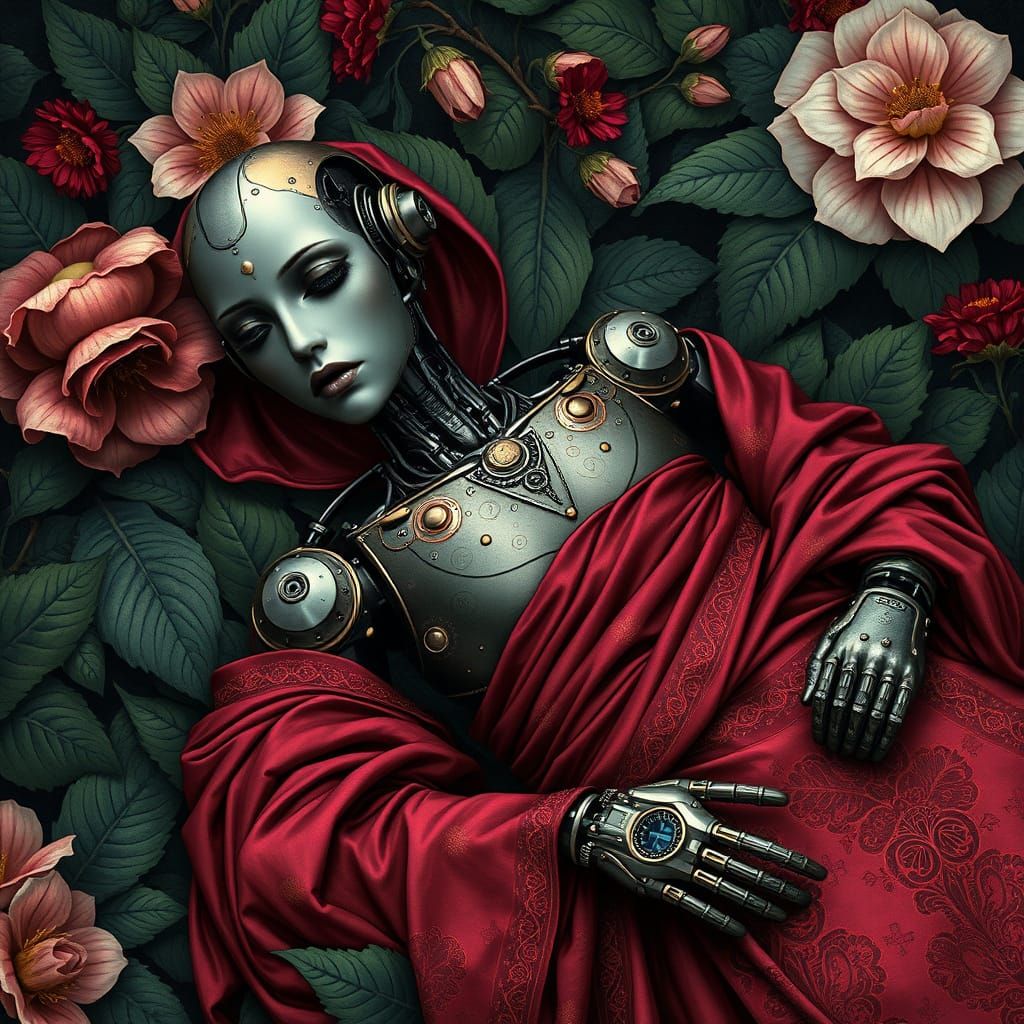 Android Goddess in Pre-Raphaelite Botanical Paradise