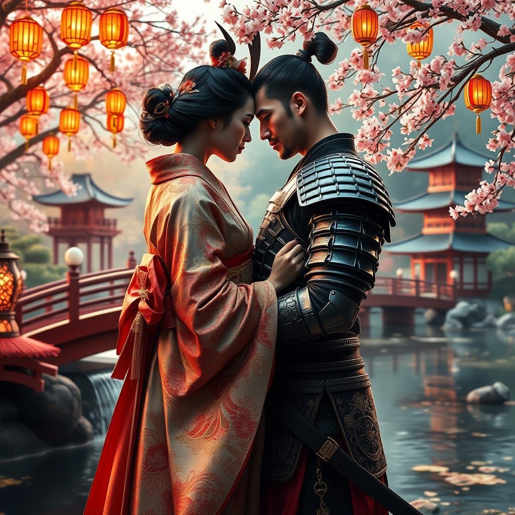 Samurai and Geisha Embrace in Japanese Garden
