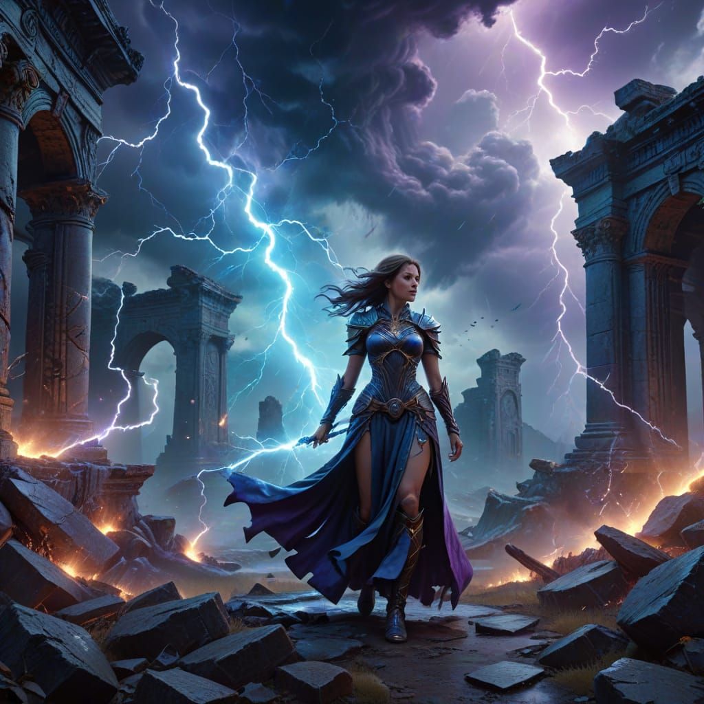 Sorceress Summons Lightning in Epic Storm Landscape