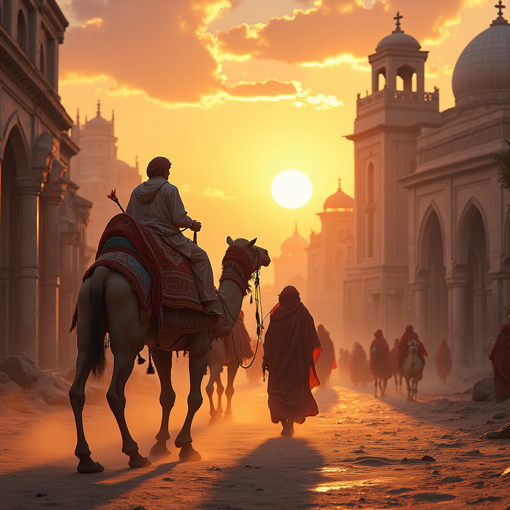 Moroccan Sunrise with Camels: Digital Matte Painting
