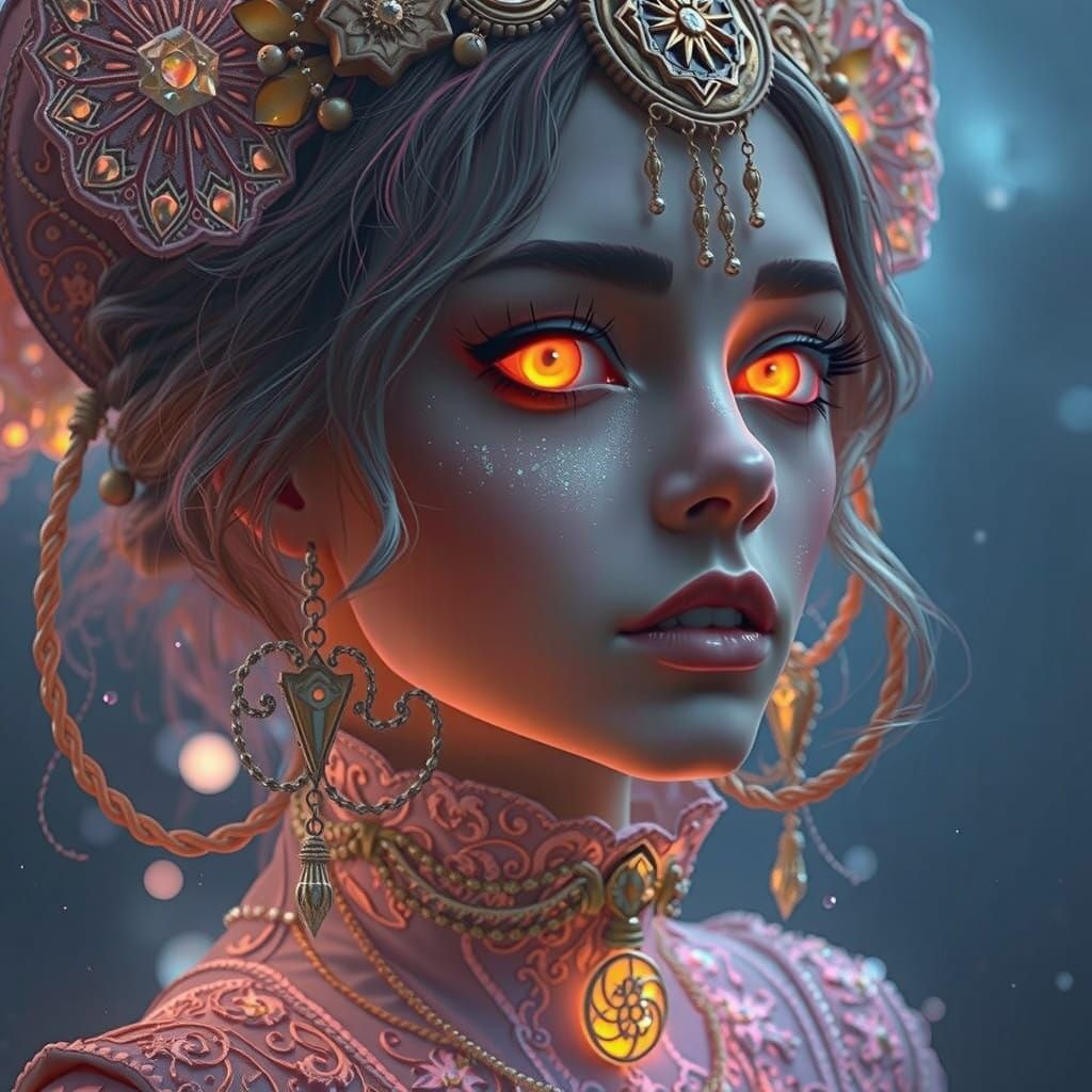 Sorceress in Dark Surrealism with Glowing Arcane Eyes