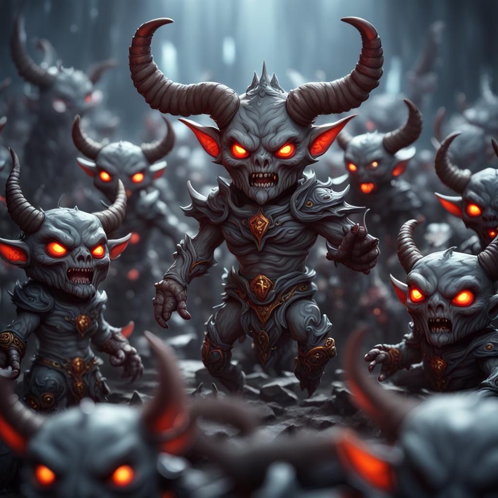 Chibi Gray Demons Swarm in Detailed Fantasy Art