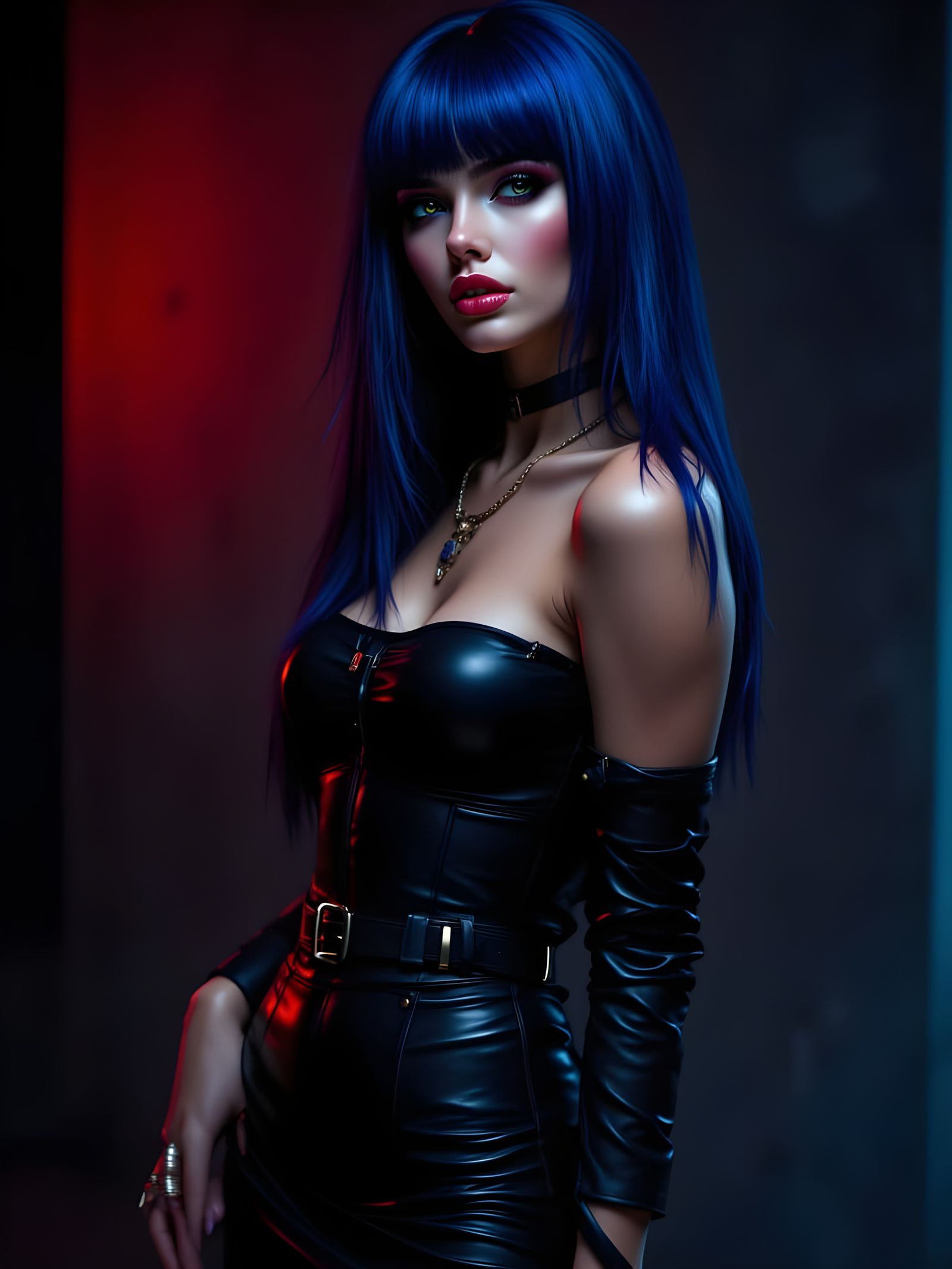 Confident Woman with Cobalt Blue Hair in Noir Style