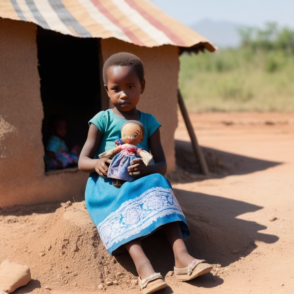 Little African Girl Holding Folk Art Doll in Dusty Dirt Yard