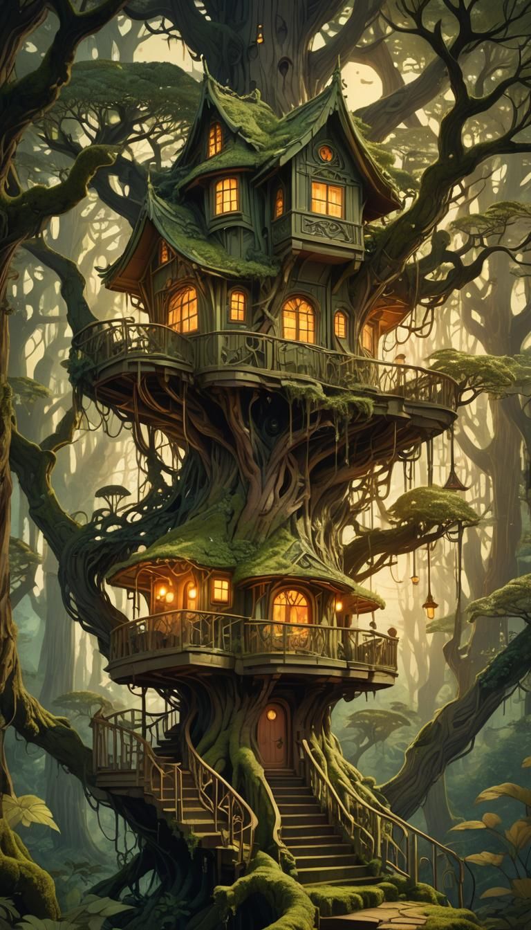 Decopunk Treehouse in Twin Peaks: Art Nouveau Illustration