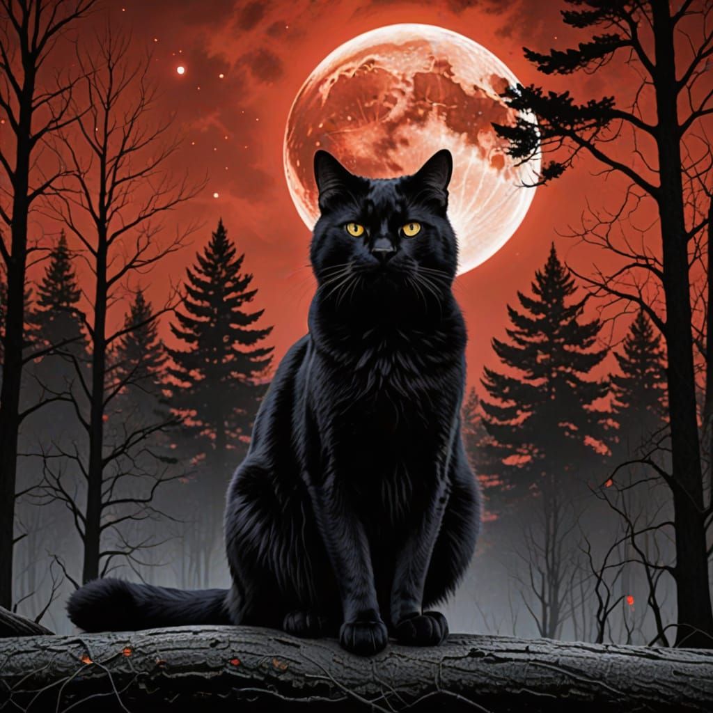 Giant Black Cat Under Blood Moon in Forest