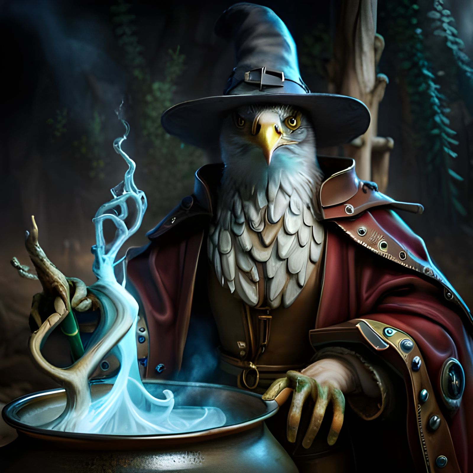 Wizard Eagle in Hooded Cloak by Cauldron