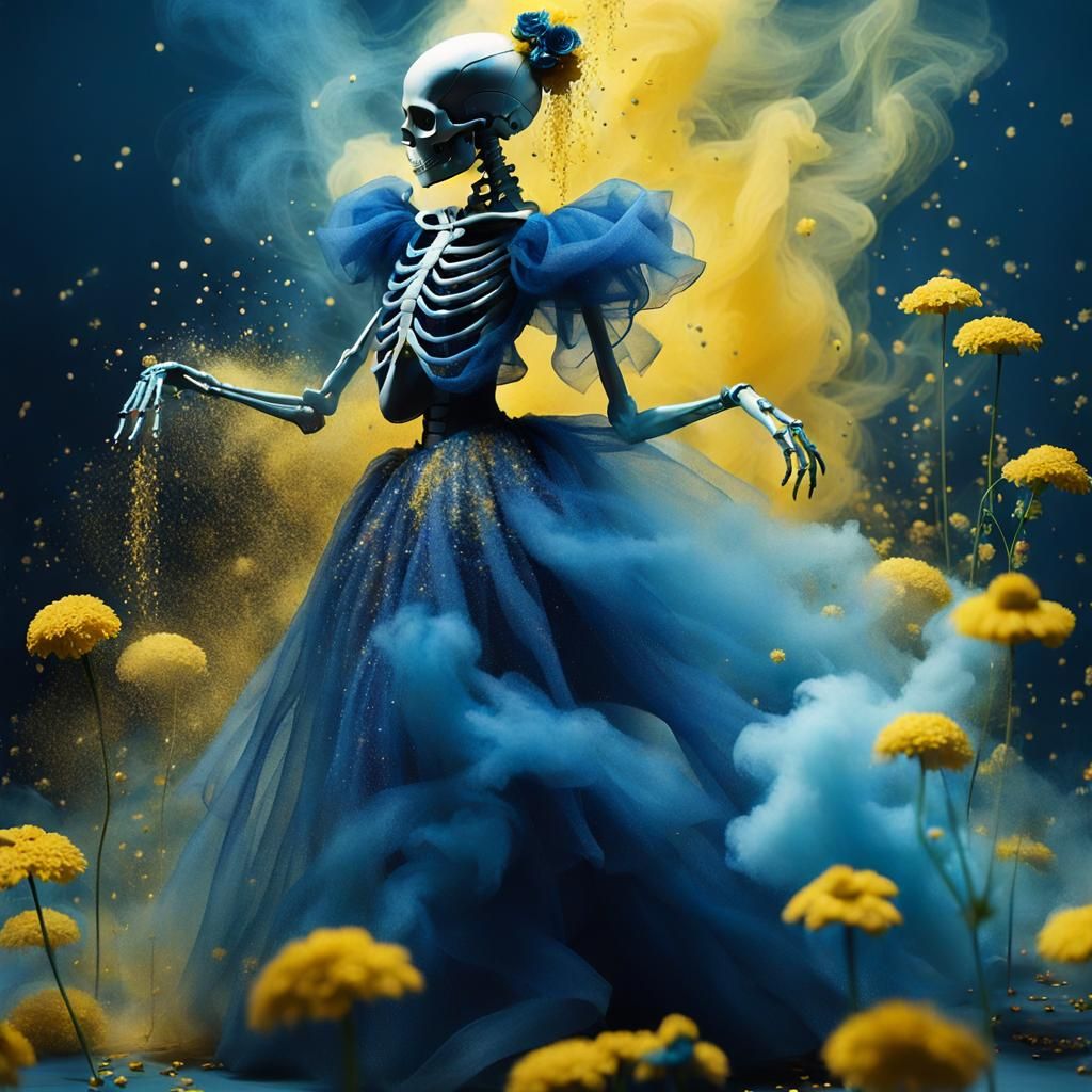 Surreal Ballet: Skeletal Figure in Blue Smoke and Glitter