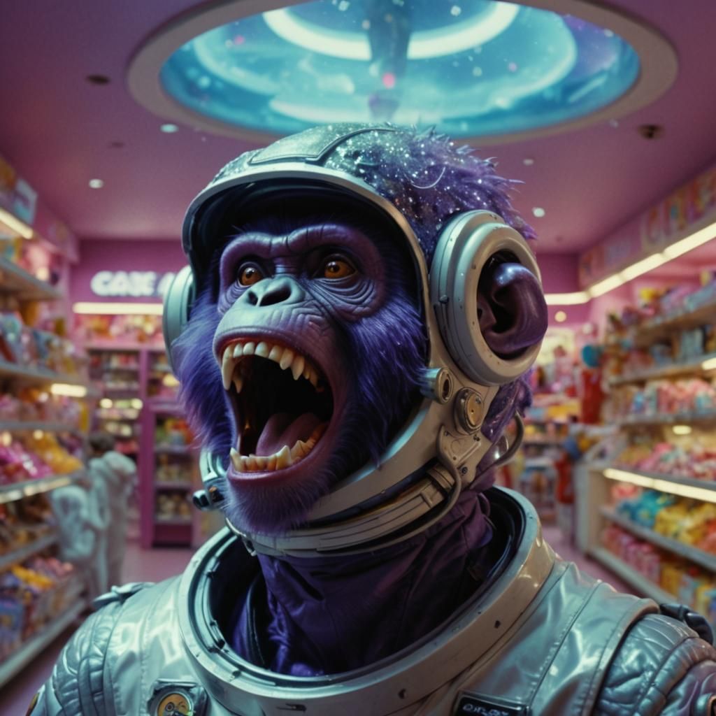 Purple Monkey in Spacesuit at Candy Store