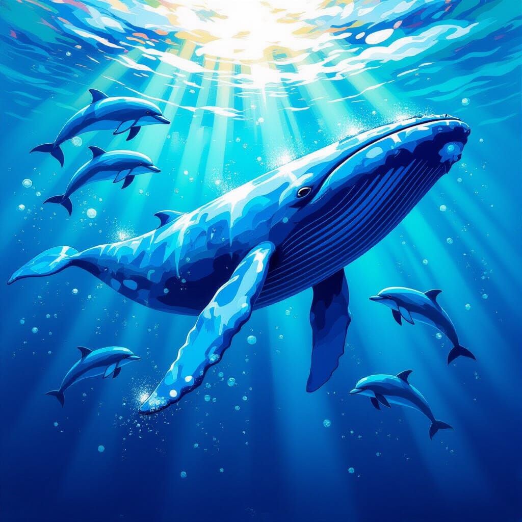 Whale and Dolphins in Encaustic Impasto Painting