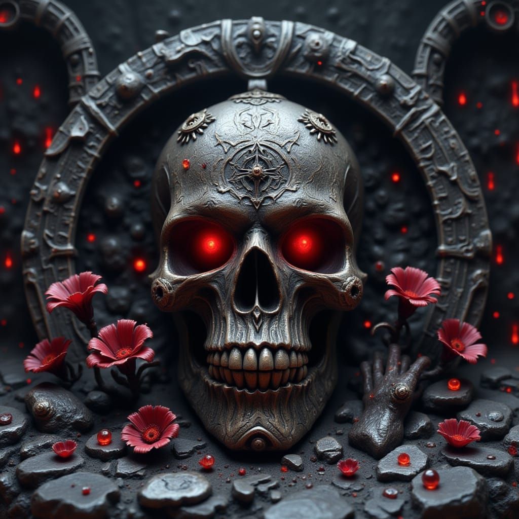 Surreal Metal Skull with Nordic Carvings and Opals in a Dark...