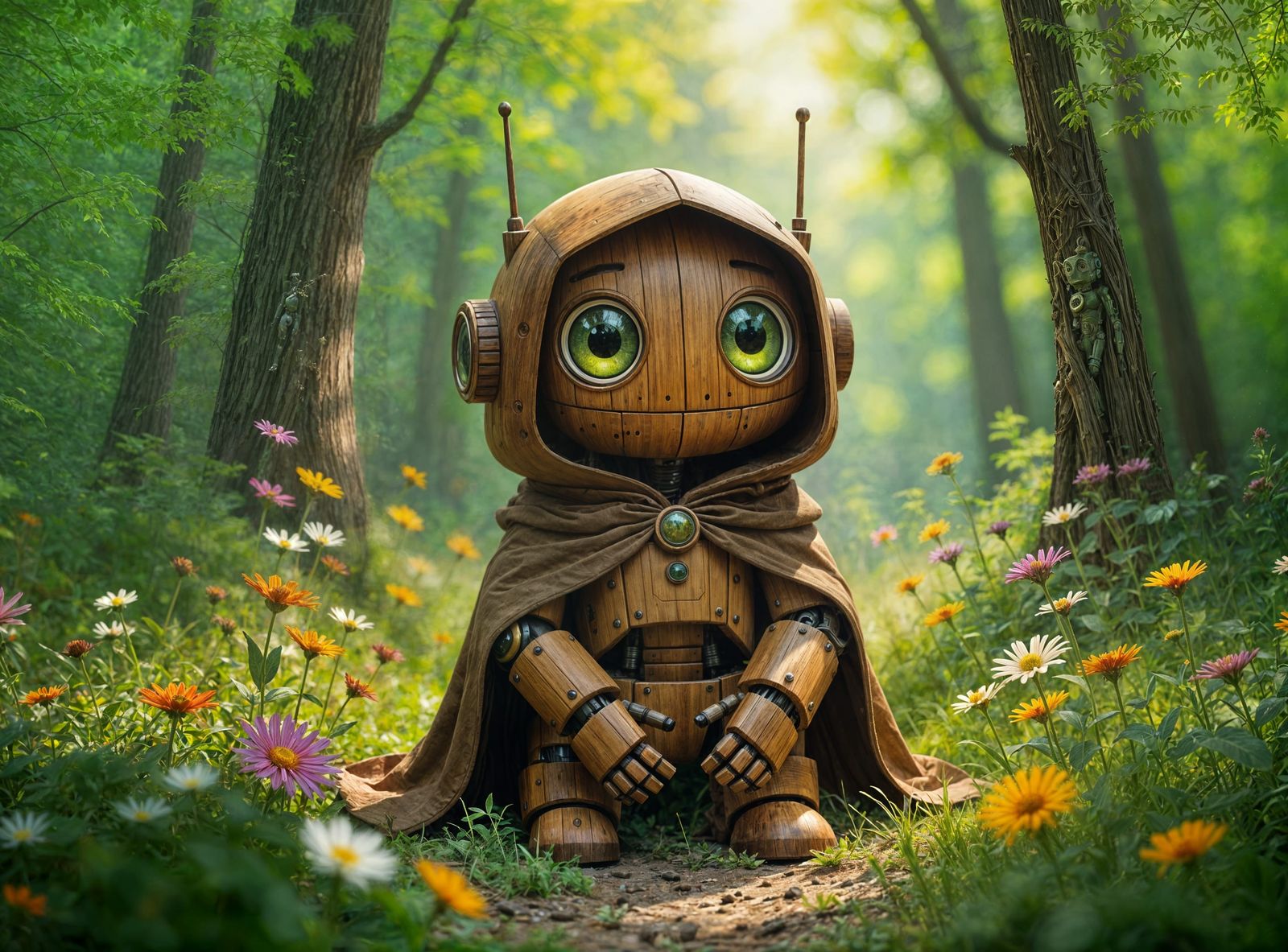 Whimsical RoboDruid Kneels in Lush Forest