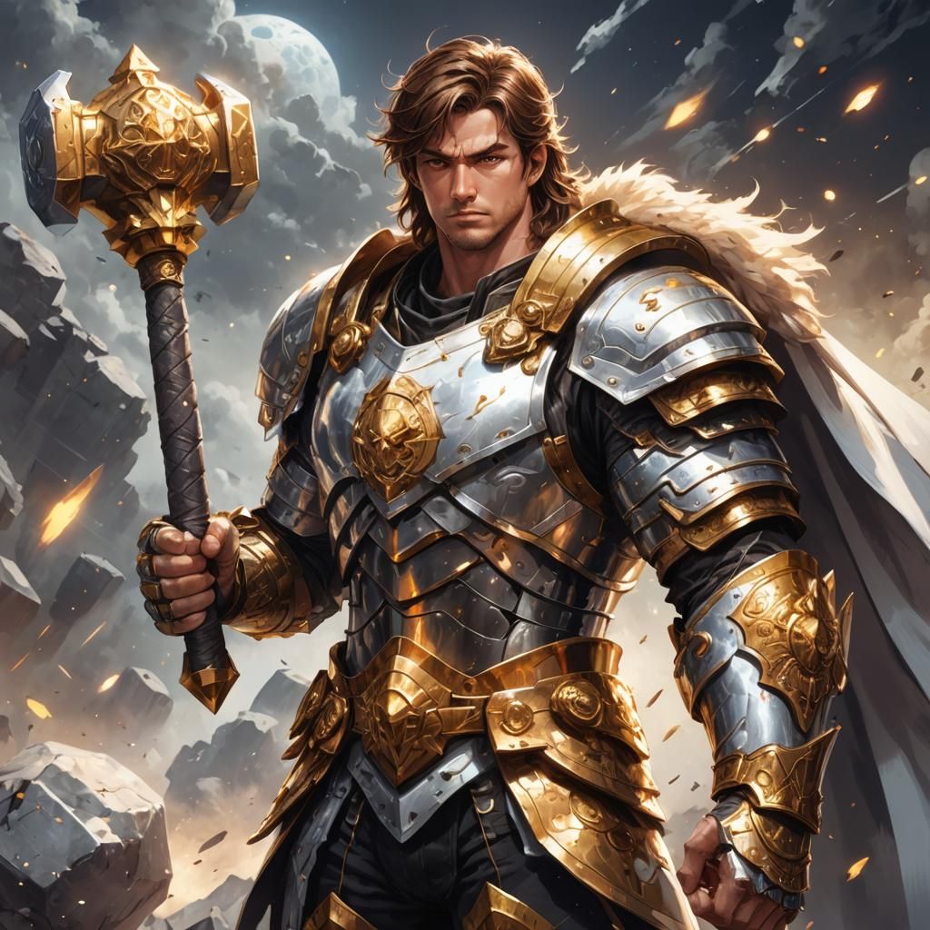 Anime Warrior with Oversized Hammer in Astral Illustration